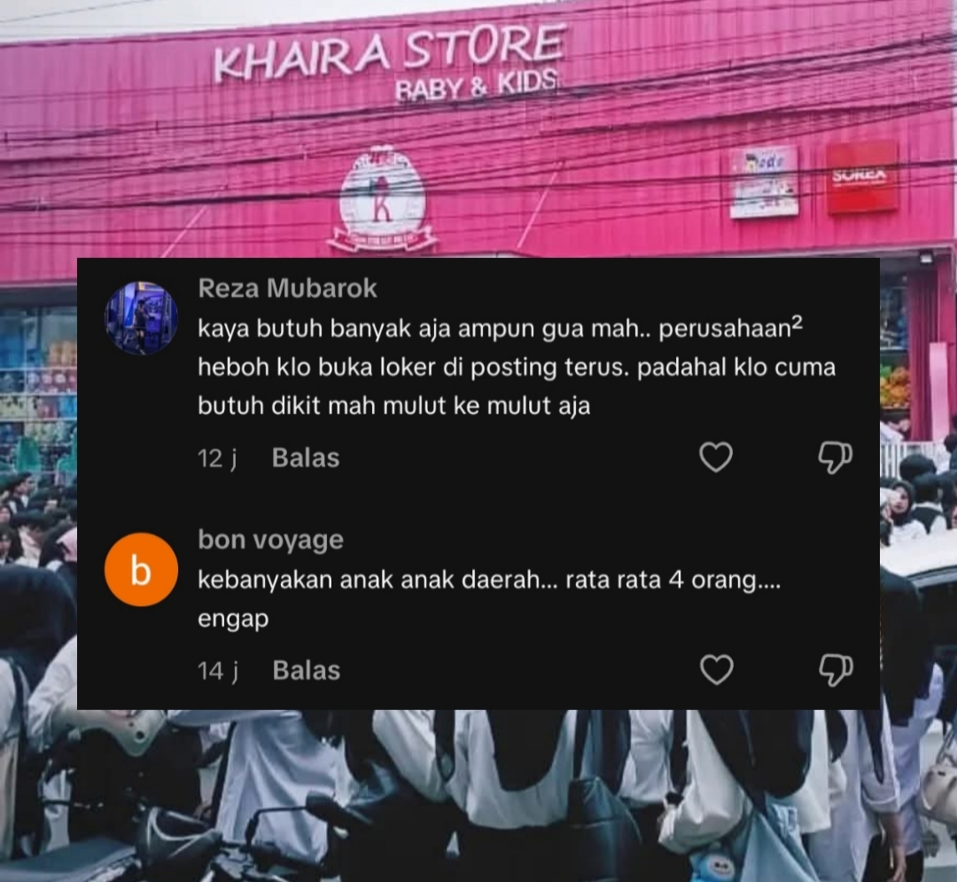 Tangkapan layar komentar netizen di TikTok menanggapi video ribuan pelamar kerja di Toko Khaira Cianjur, tampak komentar bernada sindiran dan kritik terhadap pemerintah dan kondisi pengangguran nasional.
