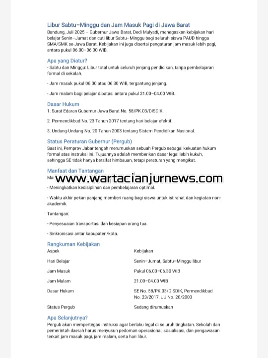 Cuplikan surat edaran dari Gubernur Jawa Barat tentang pengaturan hari belajar dan libur sekolah, yang dijadikan acuan MAN 1 Cianjur dalam menutup gerbang sekolah setiap akhir pekan.