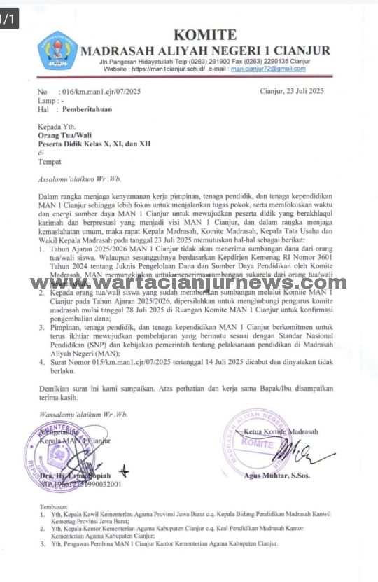 Scan surat edaran Komite MAN 1 Cianjur tentang kebijakan pembatalan sumbangan orang tua siswa untuk tahun ajaran 2025/2026.
