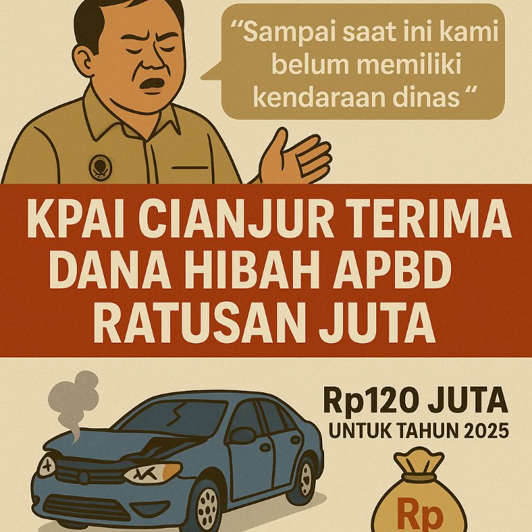 Ilustrasi Ketua KPAI Cianjur dan mobil rusak dengan narasi menerima hibah APBD ratusan juta namun mengaku tak punya kendaraan dinas.