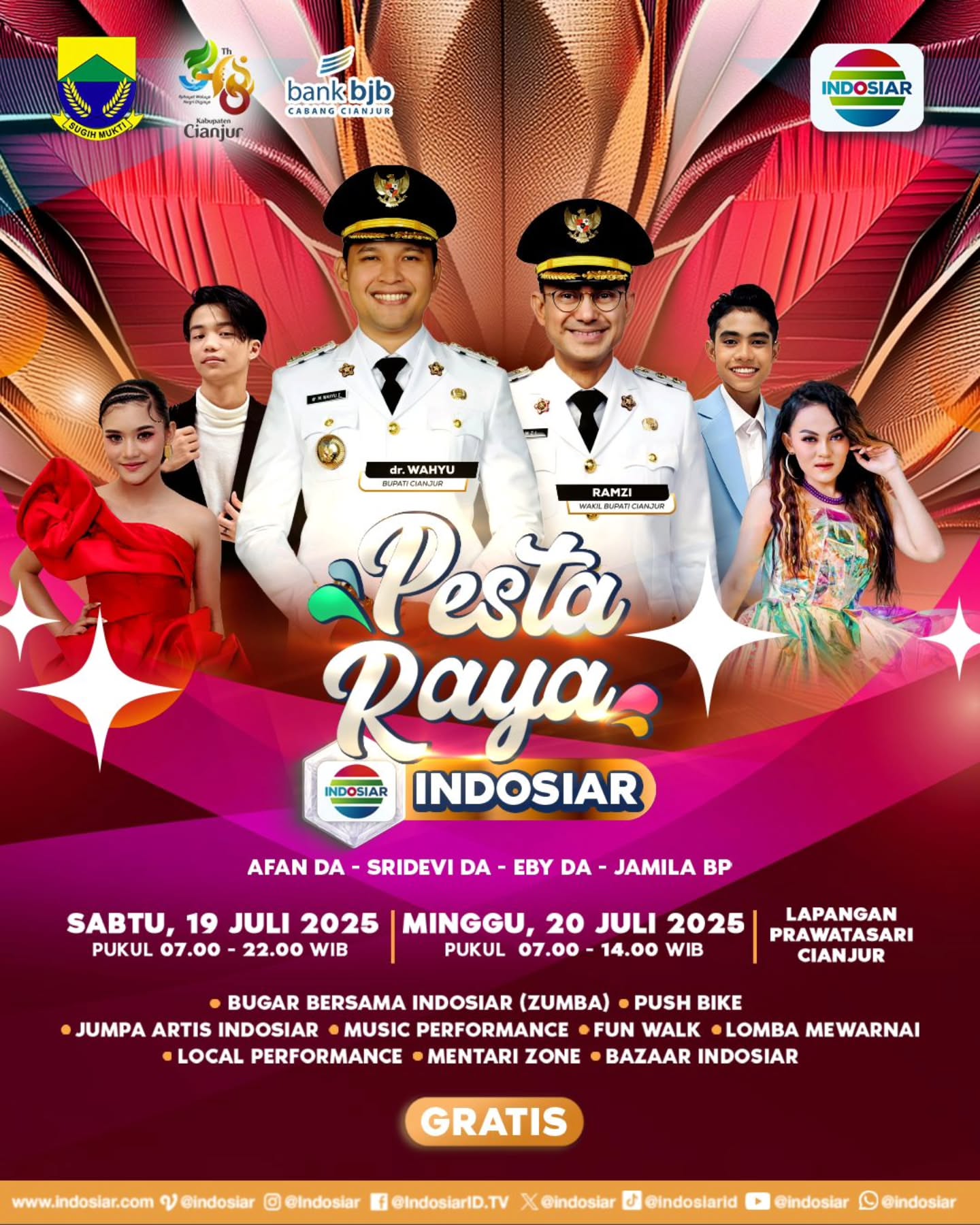 Poster Pesta Raya Indosiar 2025 menampilkan pimpinan daerah dan para artis yang akan tampil di Cianjur.