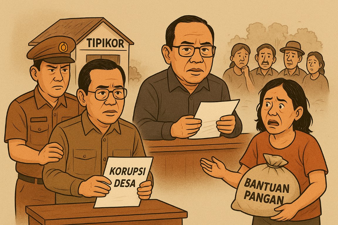 Karikatur dugaan korupsi Dana Desa, proses hukum di Tipikor, laporan Camat ke Itda, dan warga kesulitan karena bantuan ketahanan pangan tidak tepat sasaran.