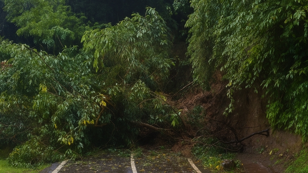Teks: Longsor besar menutup jalan utama di Cibinong, Cianjur Selatan, akibat hujan deras.