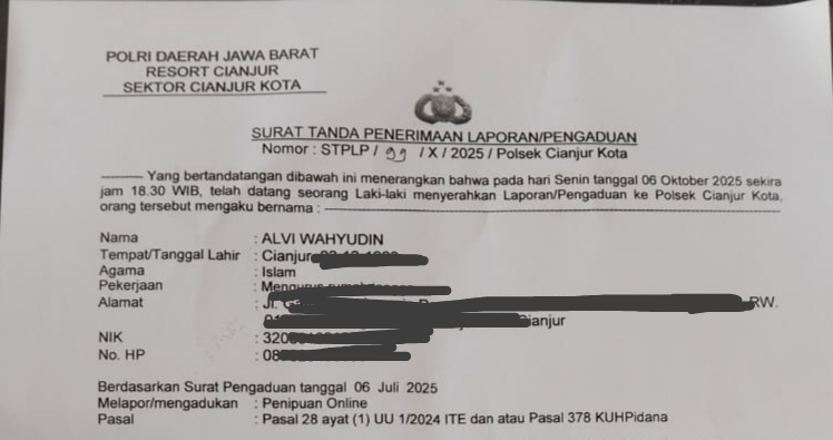 Dokumen laporan polisi atas nama Alvi Wahyudin terkait kasus penipuan online yang dilaporkan ke Polsek Cianjur Kota.