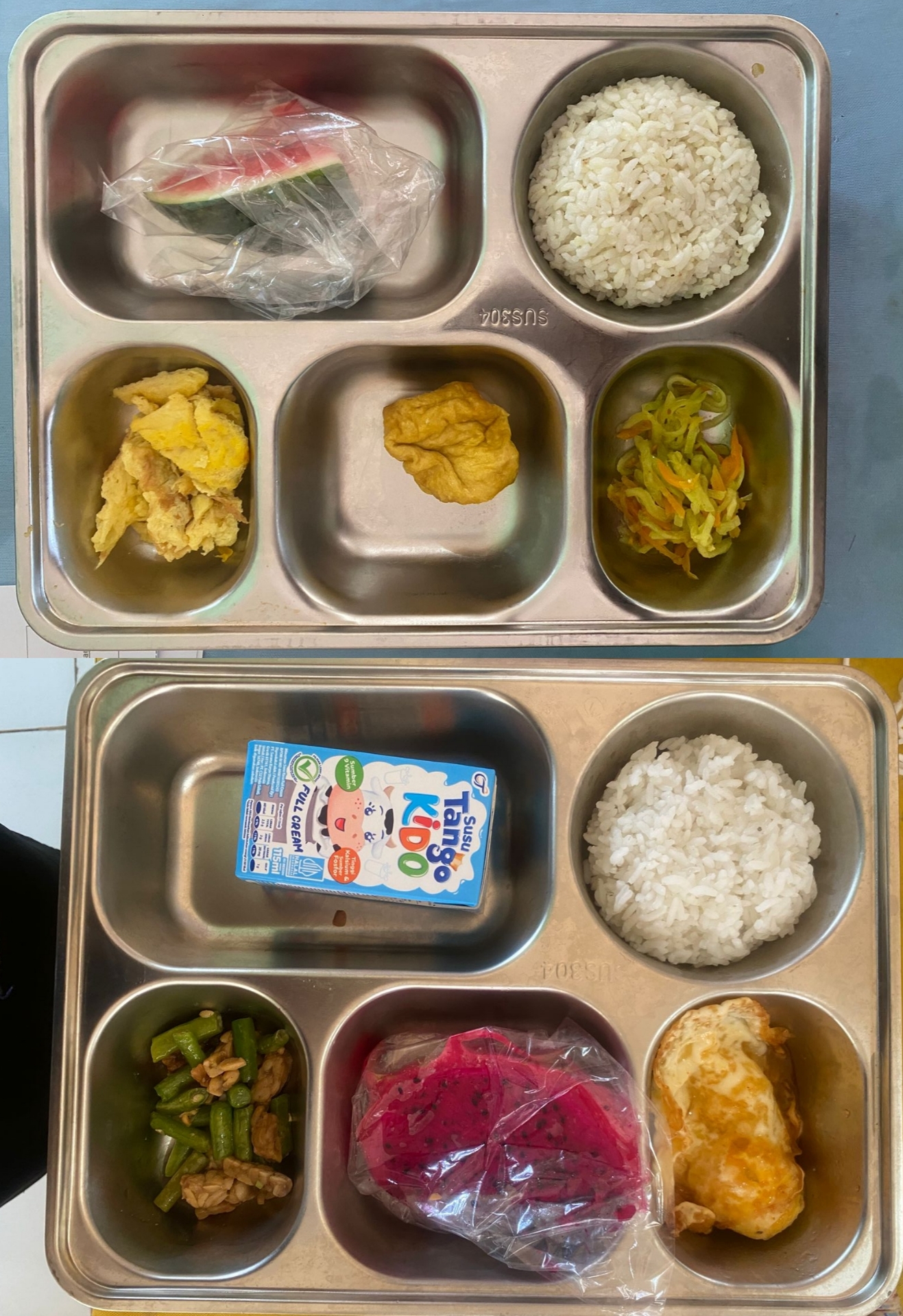 Teks: Paket makan MBG berisi nasi, telur orak-arik, tahu, sayur tumis, dan sepotong semangka dalam plastik.