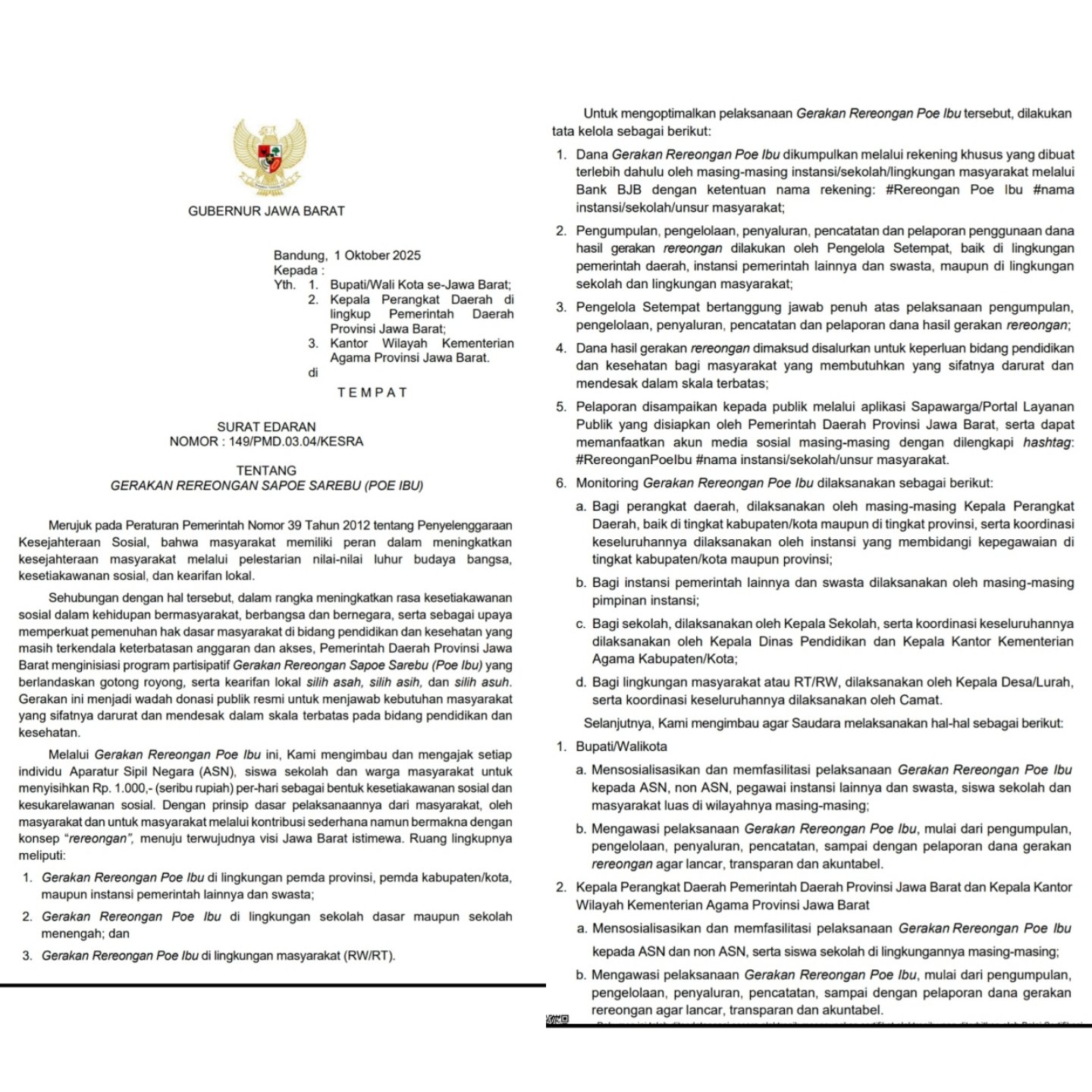 Teks: Surat Edaran Gubernur Jawa Barat Nomor 149/PMD.03.04/KESRA tentang Gerakan Rereongan Sapoe Sarebu (Poe Ibu) bertanggal 1 Oktober 2025, berisi ajakan gotong royong donasi seribu rupiah per hari.
