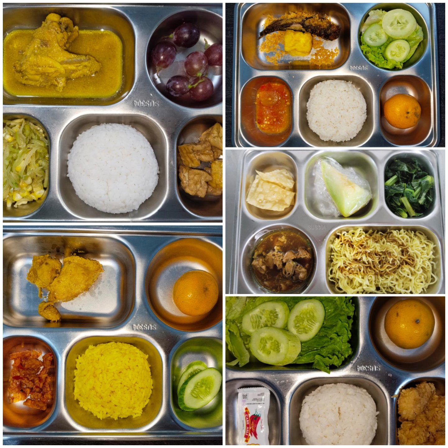 Teks: Menu MBG di dapur Sukamekar, Kecamatan Sukanagara, berisi nasi, ayam, ikan, mie, dan sayuran dalam wadah stainless steel.