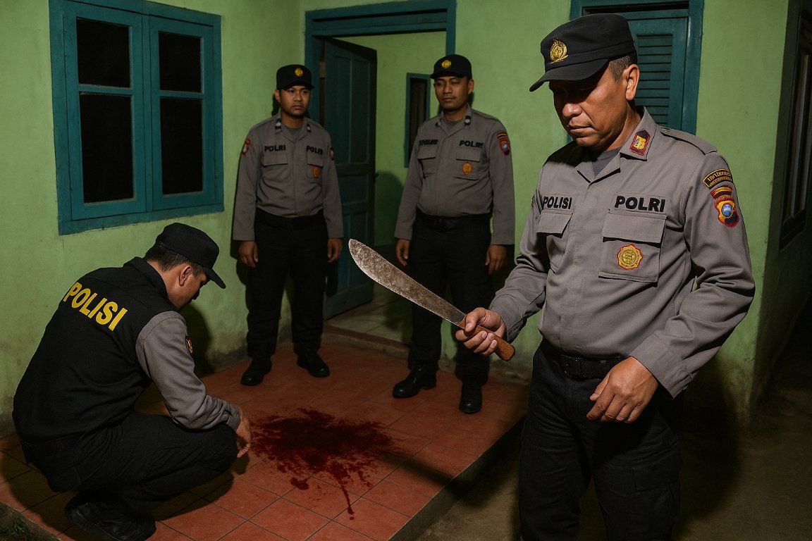 Teks: Ilustrasi OpenAI memperlihatkan polisi Agrabinta menyelidiki kasus pembacokan di Desa Wangunjaya, Cianjur Selatan.