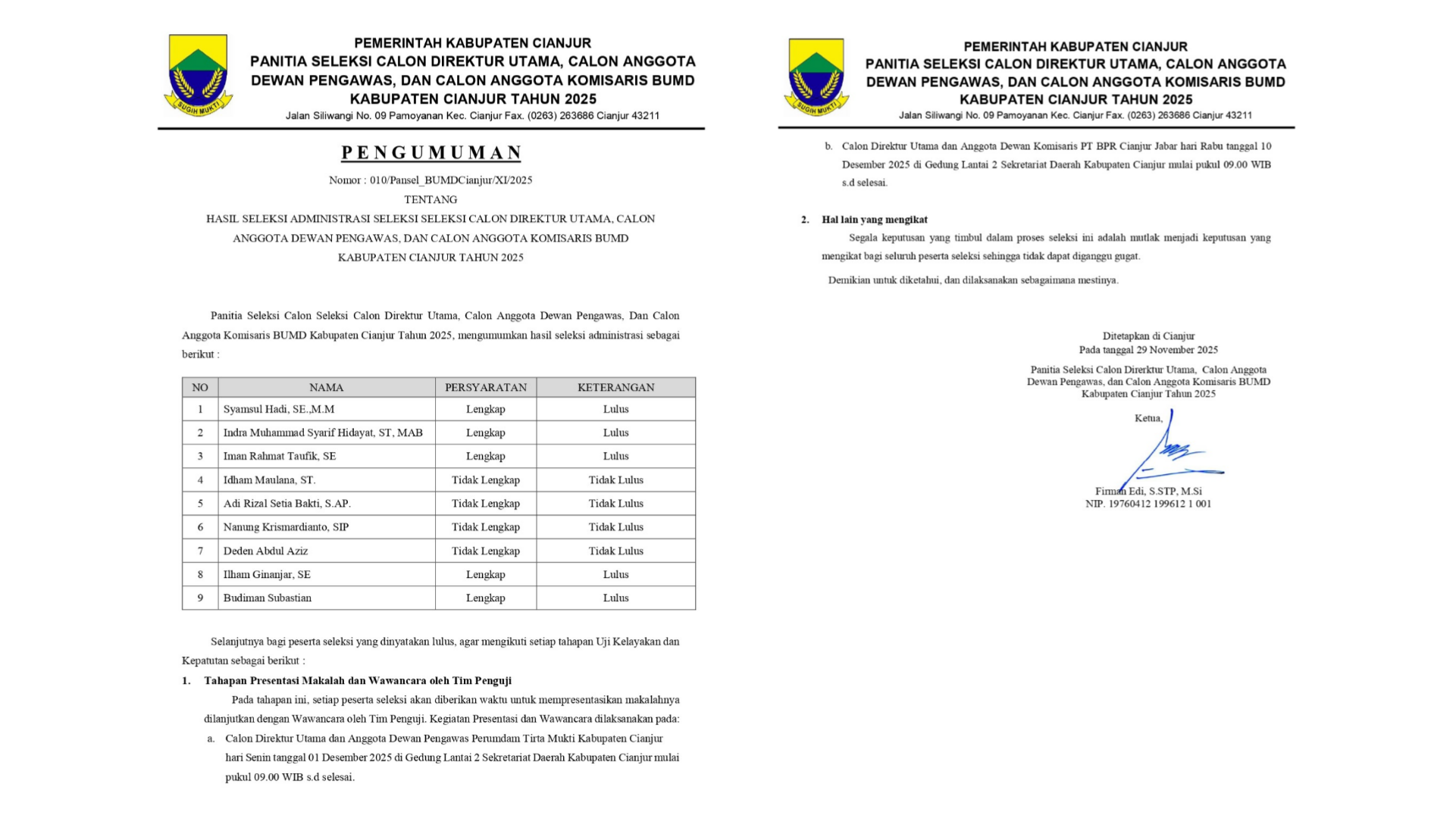 Teks: Dokumen pengumuman hasil seleksi administrasi Direksi BUMD Cianjur tahun 2025.