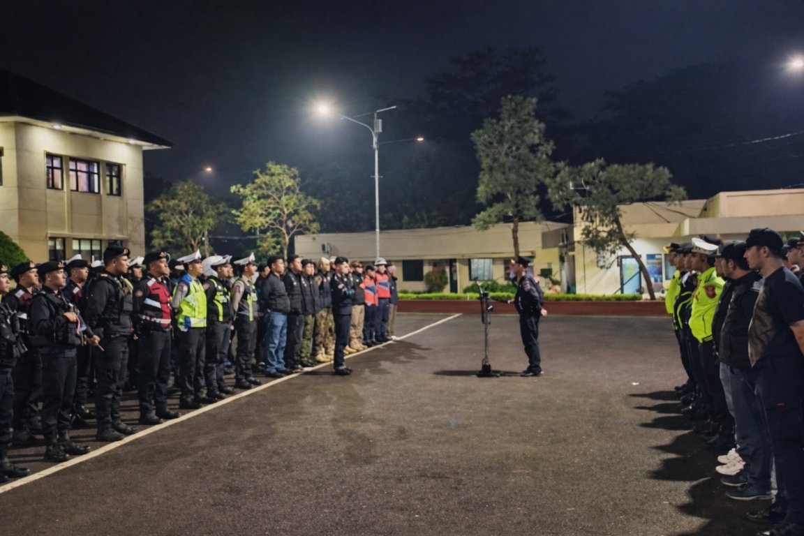 Teks: Aparat gabungan Polres Cianjur dan instansi terkait saat apel malam sebelum patroli cipkon di halaman Mapolres.