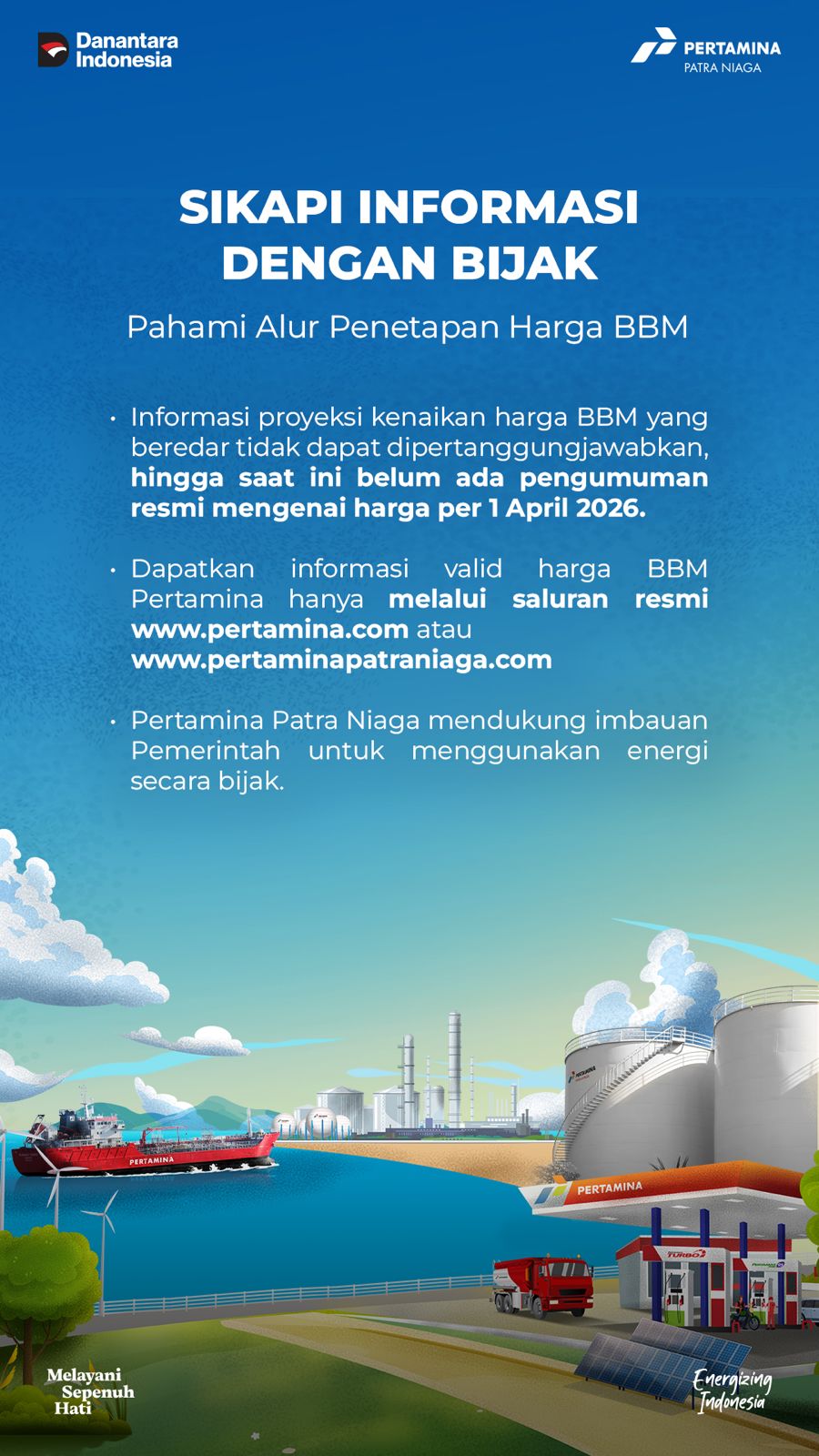 Teks: Infografis Pertamina tentang klarifikasi isu kenaikan harga BBM April 2026 dan imbauan tidak panic buying