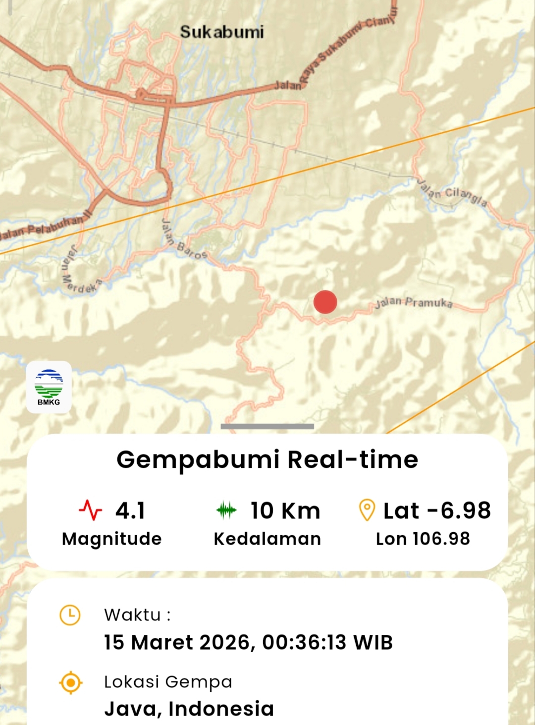 Teks: Peta BMKG menunjukkan lokasi gempa Sukabumi magnitudo 4,1 pada 15 Maret 2026 dini hari yang getarannya dirasakan warga Cianjur.