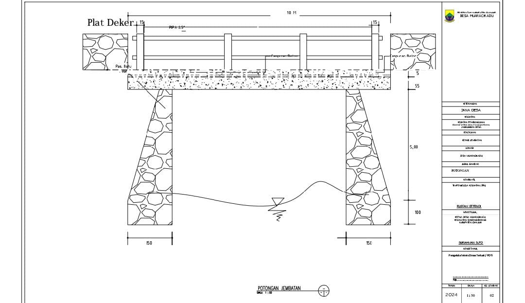 Teks: Gambar desain teknis jembatan Cikananga Desa Muaracikadu Cianjur