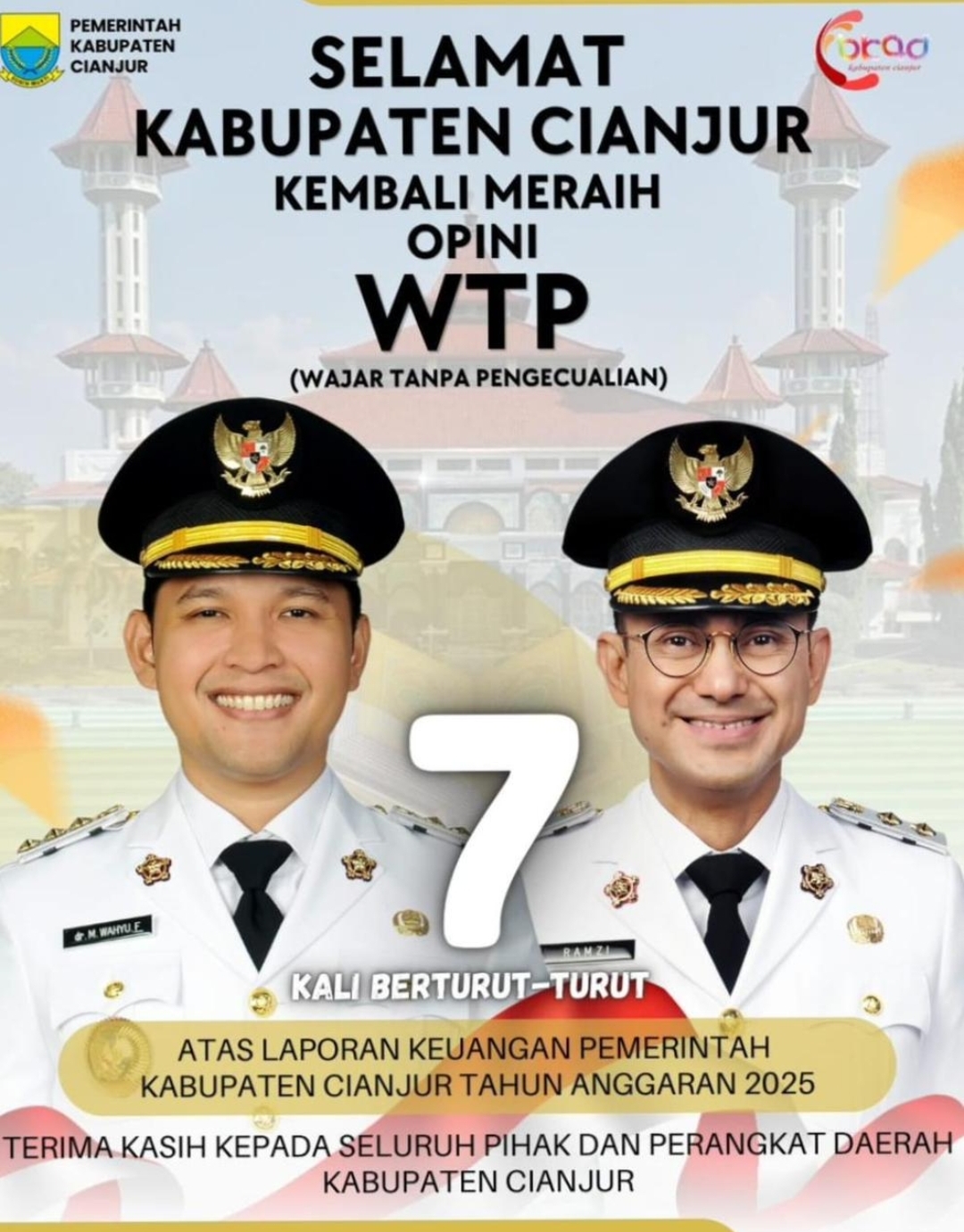 Teks: Poster Pemerintah Kabupaten Cianjur yang mengumumkan raihan opini WTP tahun anggaran 2025 untuk ketujuh kali berturut-turut, menampilkan Bupati Cianjur Mohammad Wahyu Ferdian dan Wakil Bupati Ramzi.