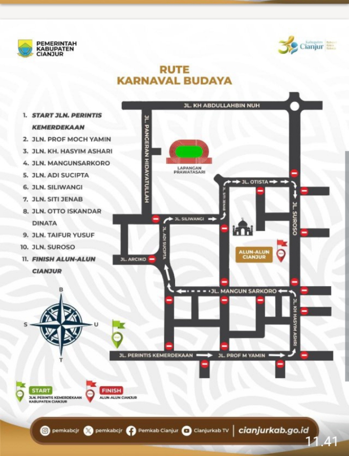 Teks: Peta rute Karnaval Budaya Cianjur Fest 2026 dari Jalan Perintis Kemerdekaan menuju Alun-Alun Cianjur.