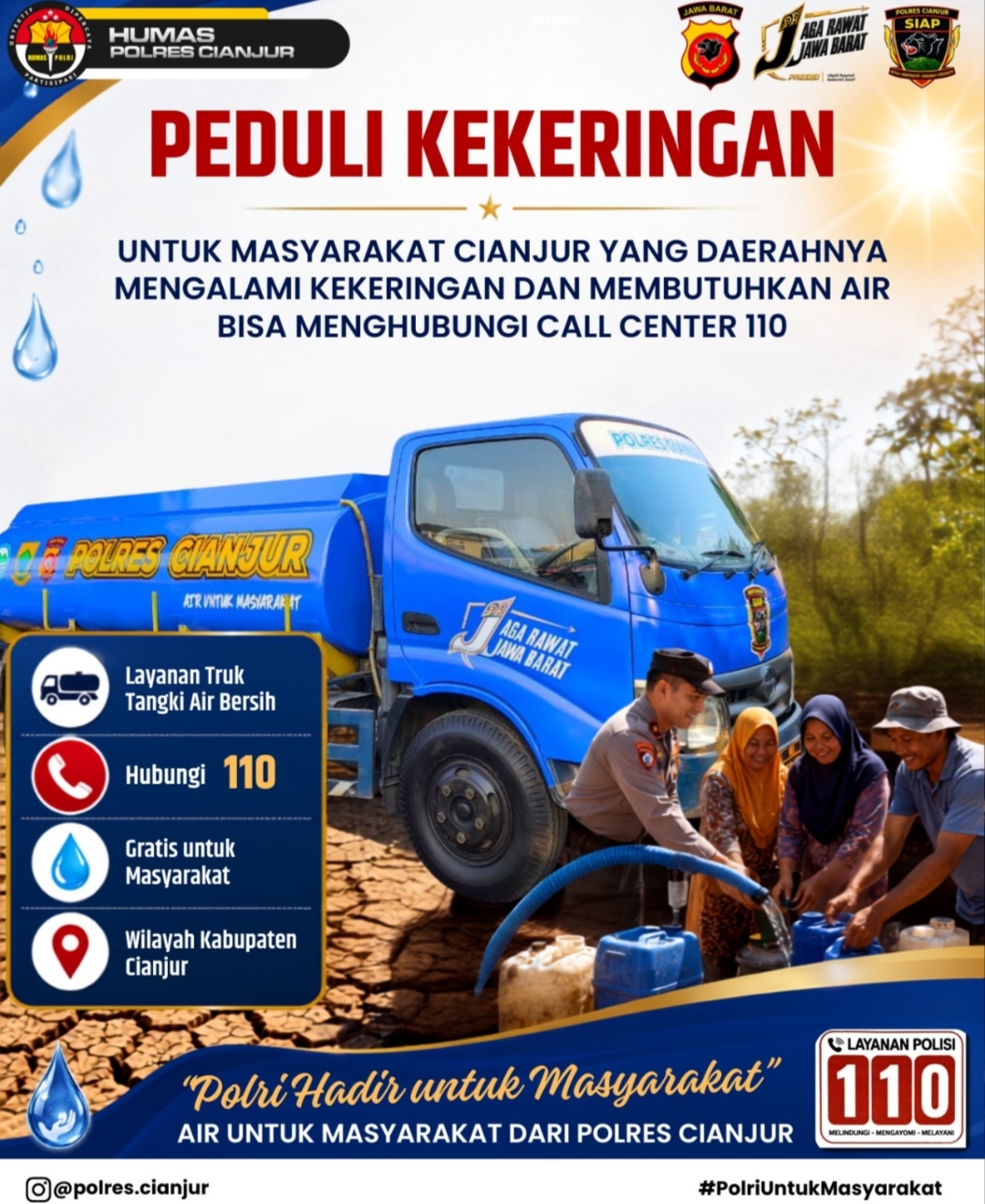 Poster layanan truk tangki air bersih gratis Polres Cianjur untuk masyarakat terdampak kekeringan melalui Call Center 110.