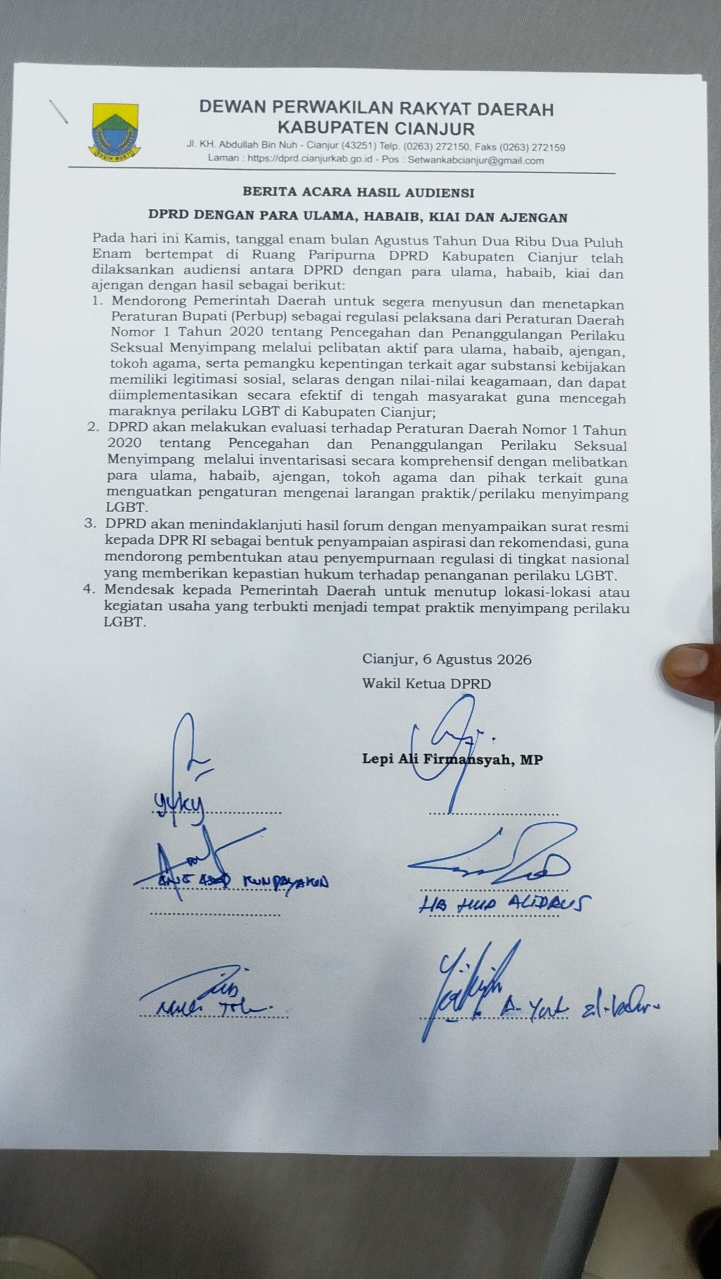 Berita Acara Hadil Audiesi Dengan DPRD Kabupaten Cianjur 