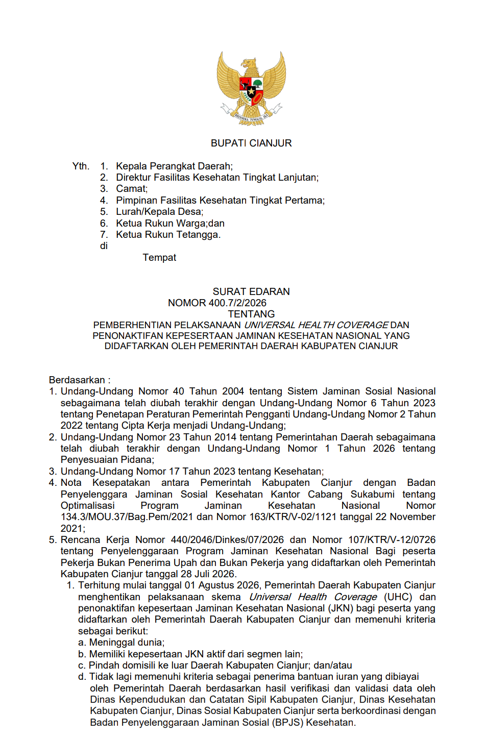 Teks: Surat Edaran Bupati Cianjur Nomor 400.7/2/2026 mengenai penghentian skema UHC dan penonaktifan kepesertaan JKN yang didaftarkan Pemerintah Kabupaten Cianjur.
