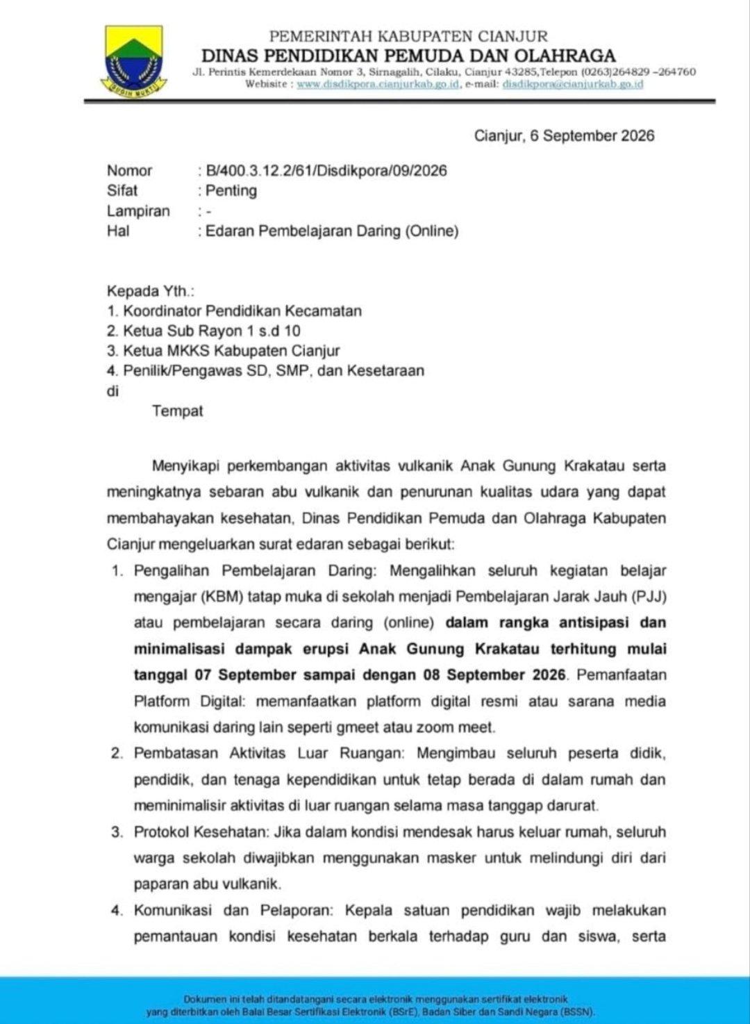 Surat Edaran Dinas Pendidikan dan Olahraga Kabupaten Cianjur 
