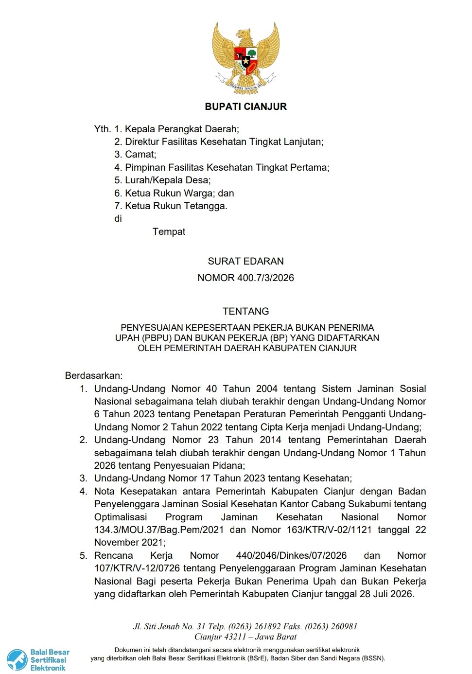 Teks: Surat Edaran Bupati Cianjur Nomor 400.7/3/2026 tentang penyesuaian kepesertaan BPJS Kesehatan yang didaftarkan Pemkab Cianjur.