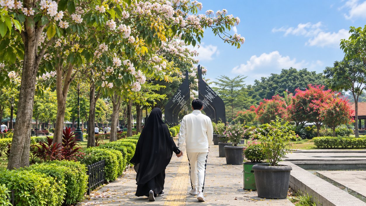 Teks: Bupati Cianjur dan istri berjalan di Alun-alun Cianjur dengan latar bunga Tabebuya bermekaran.